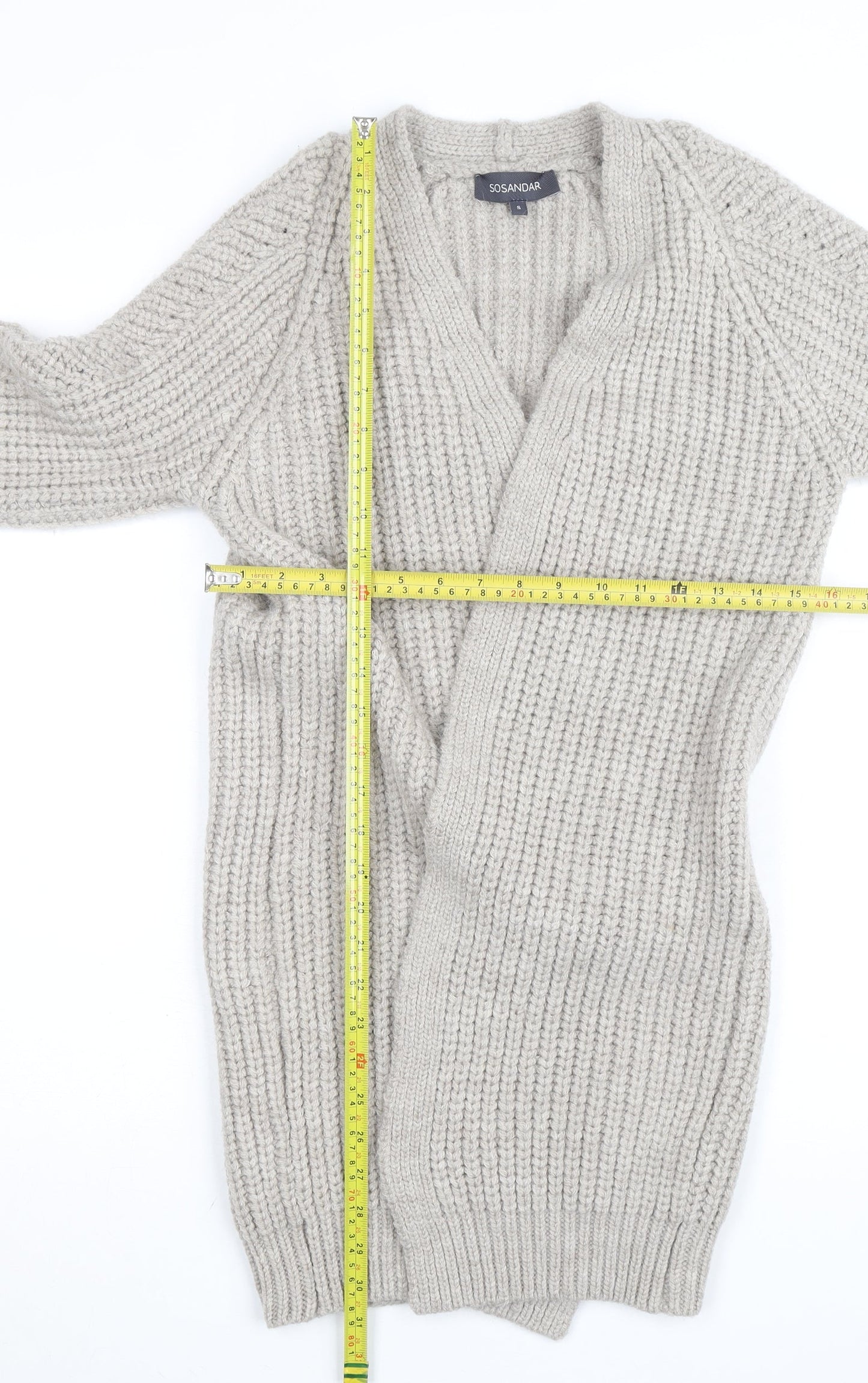 Sosandar Womens Beige Chunky Knit Long Cardigan Size S V-Neck
