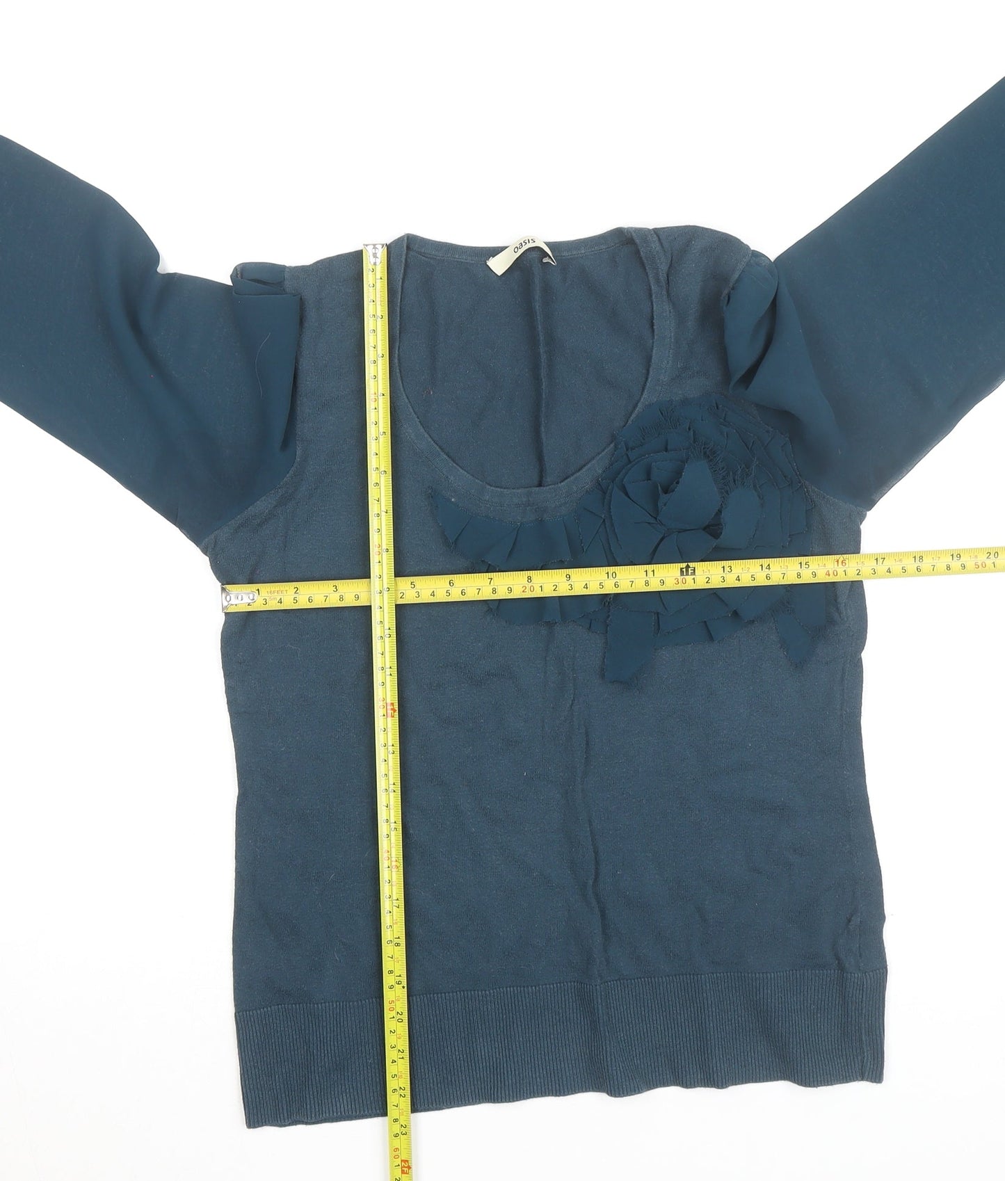 Oasis Women's Blue Ruffle Scoop Neck Long Sleeve Cotton Blouse Size M