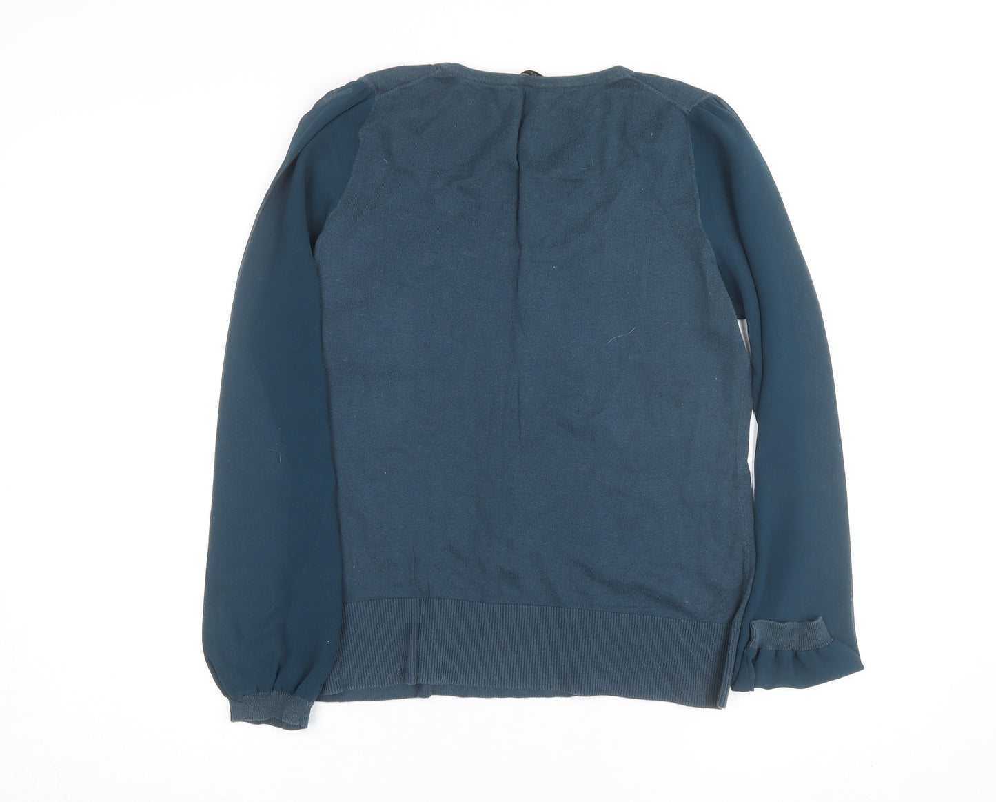 Oasis Women's Blue Ruffle Scoop Neck Long Sleeve Cotton Blouse Size M
