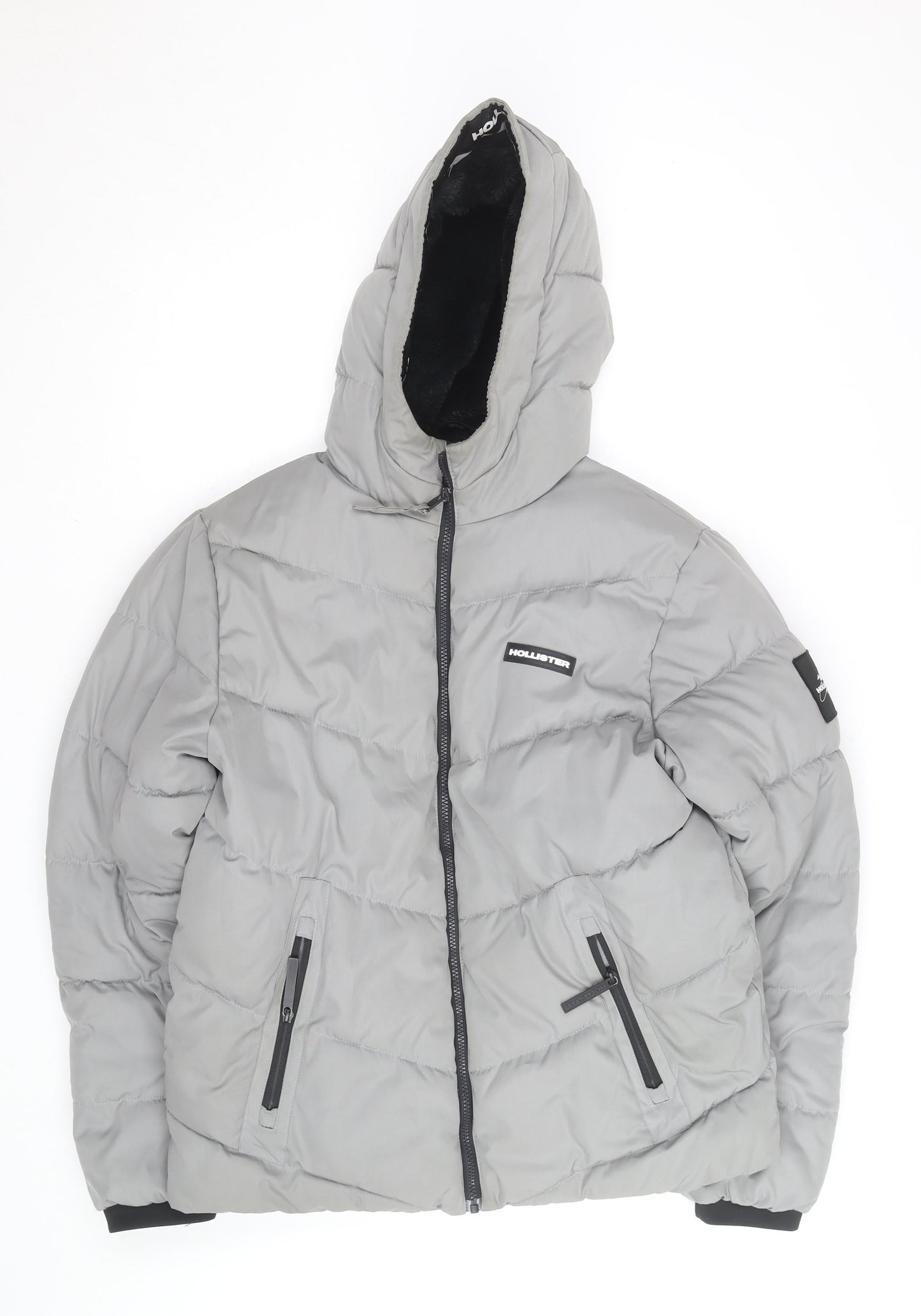 Hollister Men’s Grey Hooded Puffer Jacket L Warm Winter Casual Coat