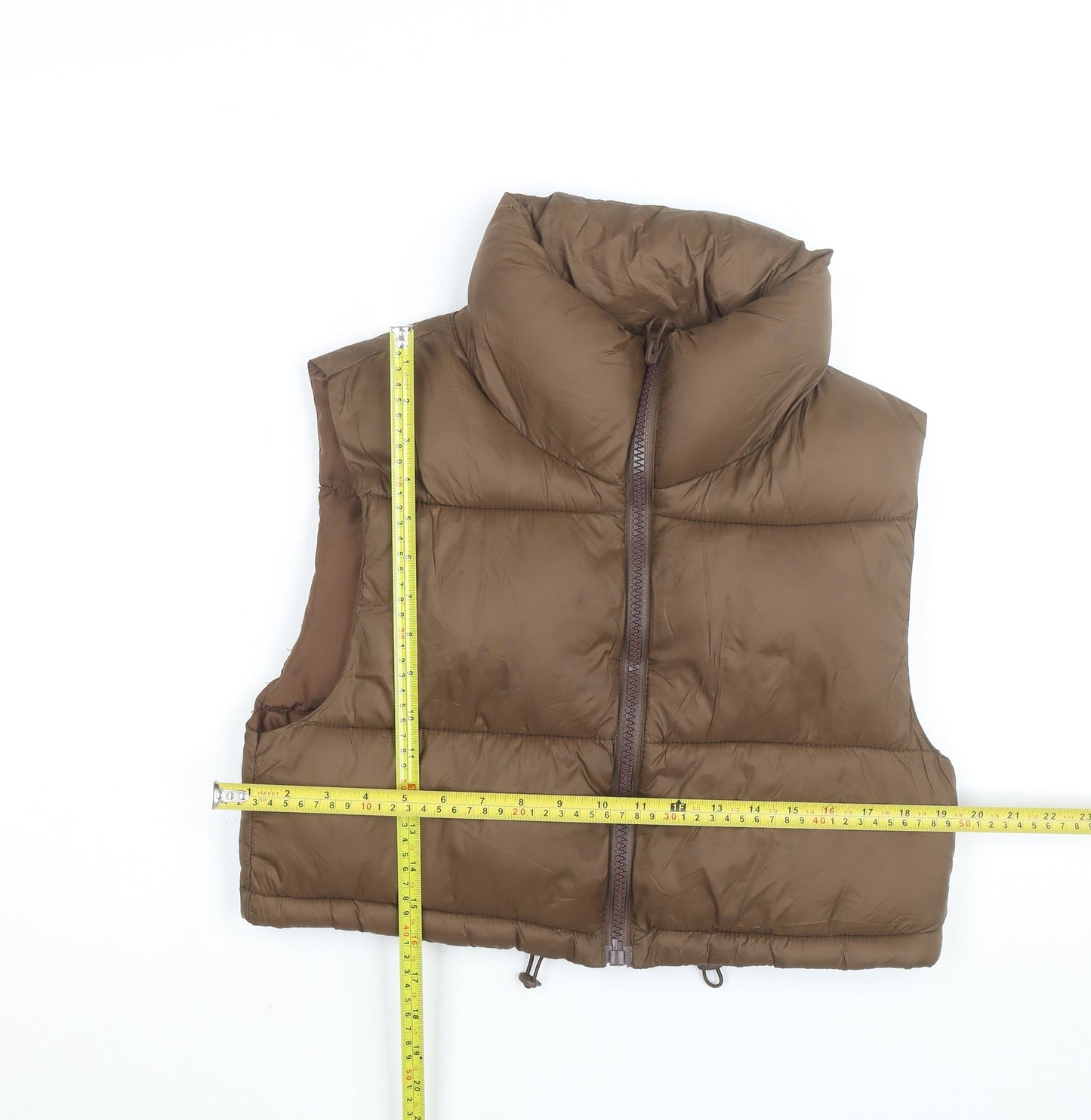 Stradivarius Women Brown XS Puffer Waistcoat Lightweight Cropped Zip