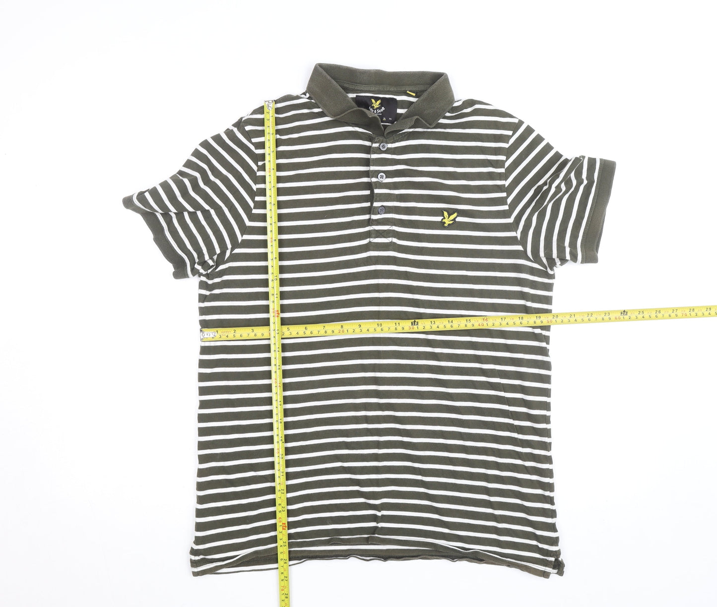 Lyle & Scott Mens Khaki White Striped Polo Shirt XL Short Sleeve