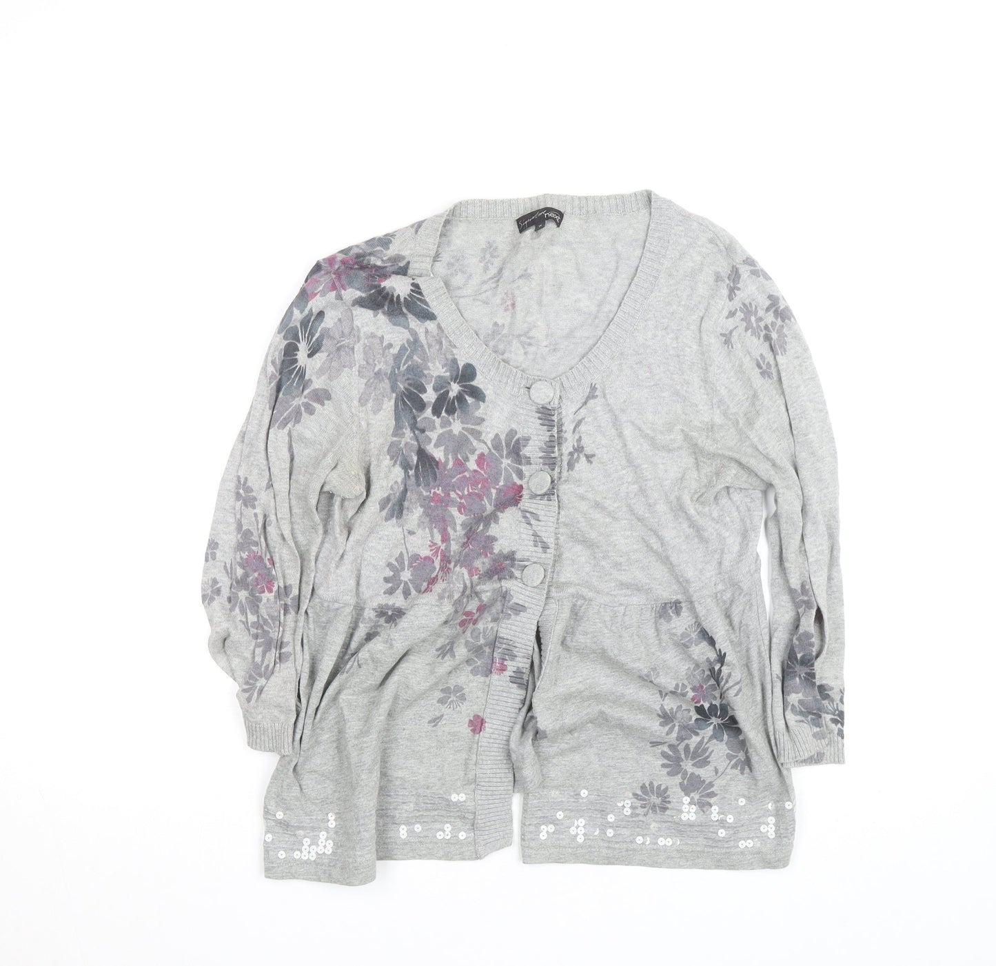 Next Women’s Grey Floral Sequin Cardigan Size 14 V-Neck Knit