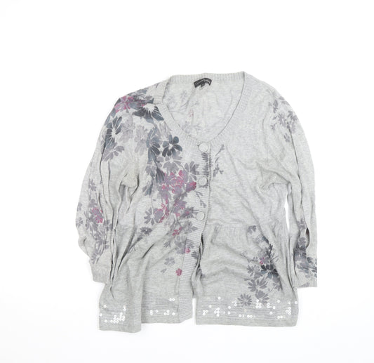 Next Women’s Grey Floral Sequin Cardigan Size 14 V-Neck Knit