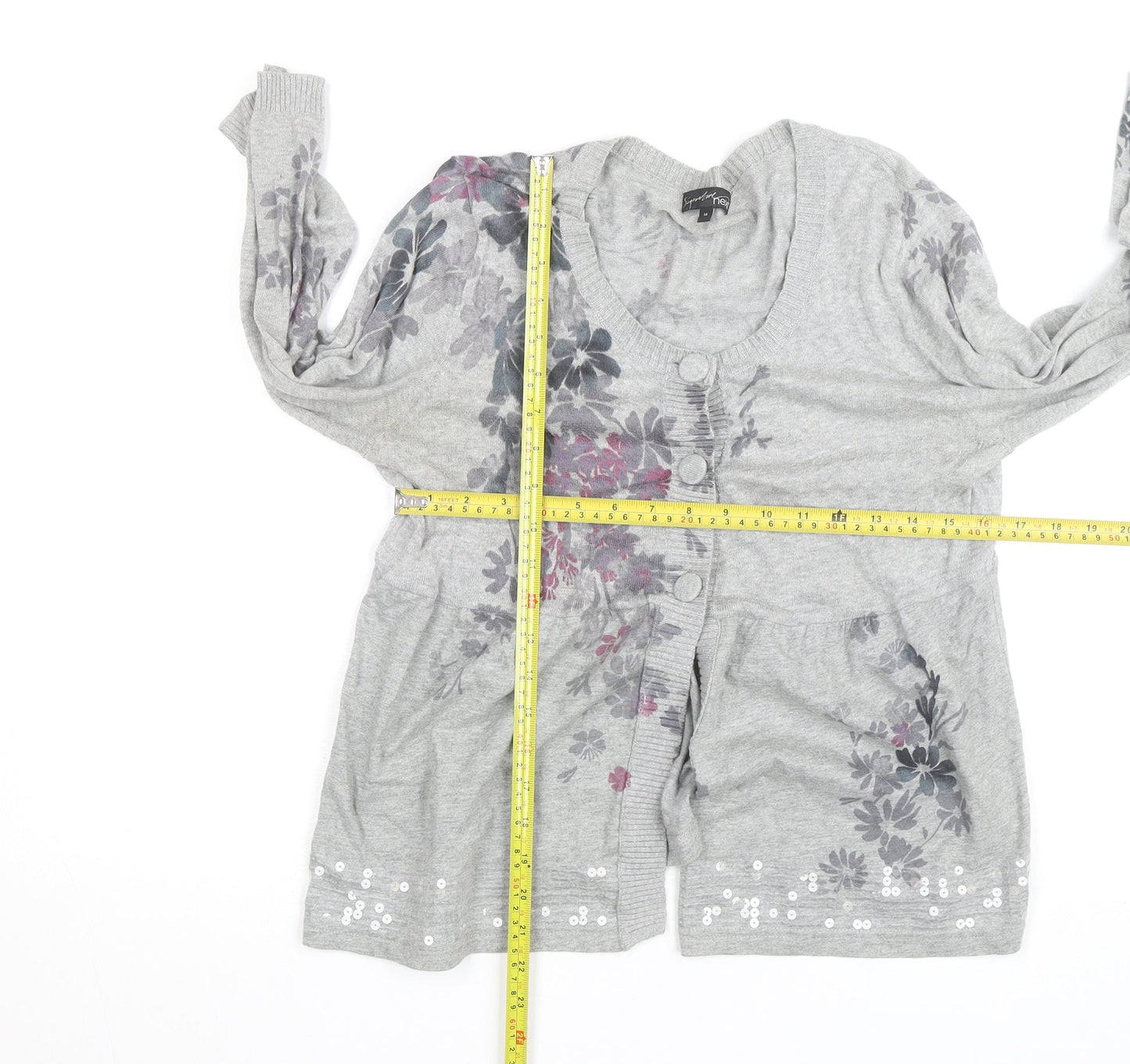 Next Women’s Grey Floral Sequin Cardigan Size 14 V-Neck Knit