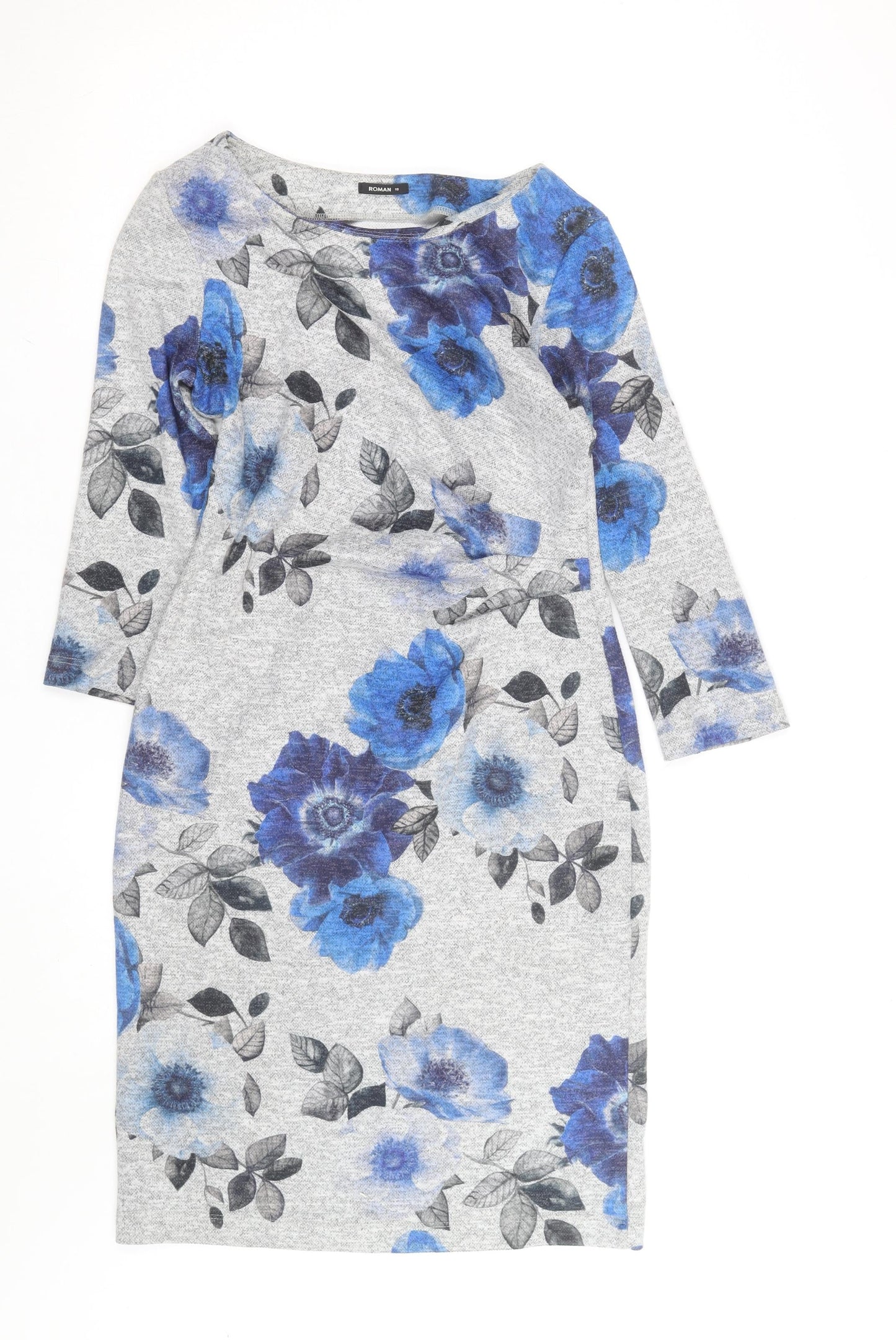 Roman Women Grey Blue Floral Bodycon Dress Size 10