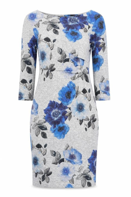 Front view of Roman Women Grey Blue Floral Bodycon Dress, size 10