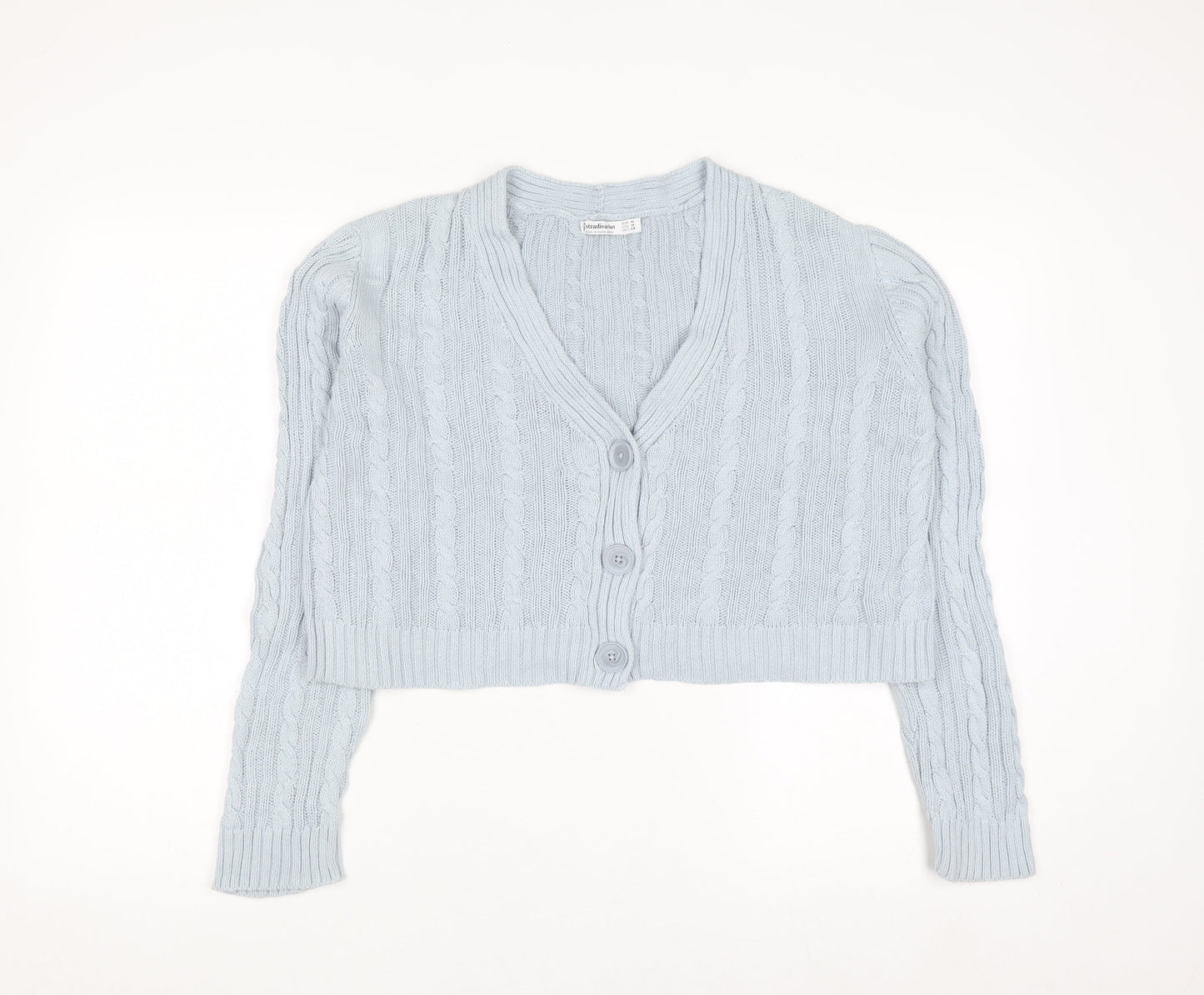 Stradivarius Women's Blue Cotton Cable Knit V-Neck Cardigan Size 12