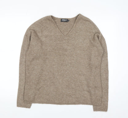 Additional front view of Only women’s beige v-neck ribbed knit long sleeve jumper xl
