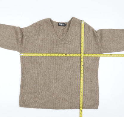 Back view of Only women’s beige v-neck ribbed knit long sleeve jumper xl