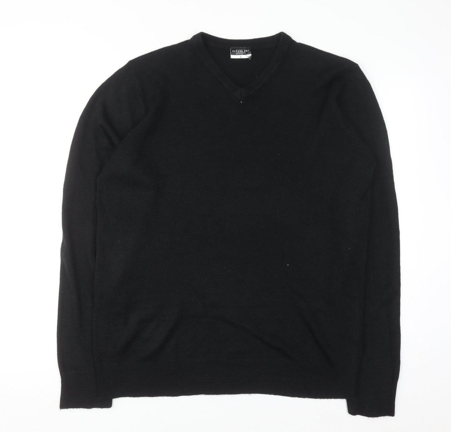 Alphar One Mens Black V-Neck Acrylic Jumper L Long Sleeve Classic Knit