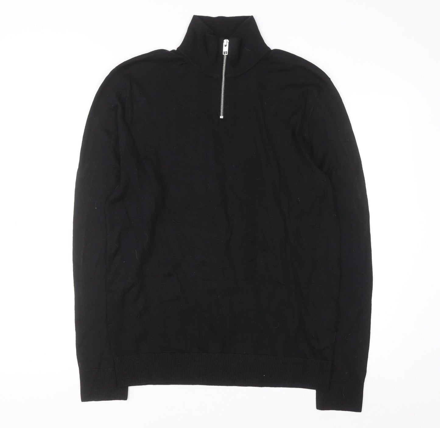 Jack & Jones Men's Black 1/2 Zip High Neck Cotton Jumper Size M