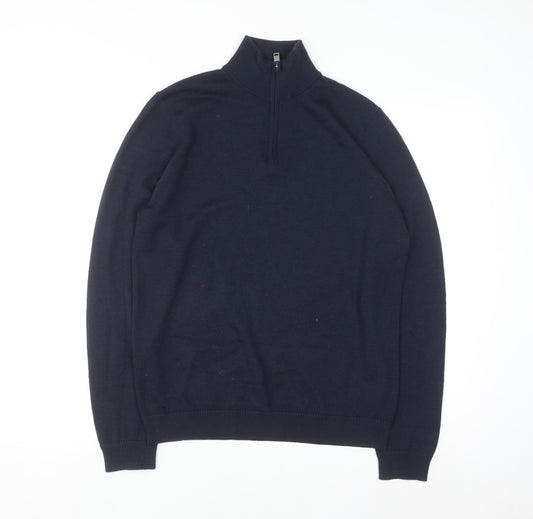 Jaeger Men's Blue Merino Wool Silk Half Zip High Neck Jumper Size S