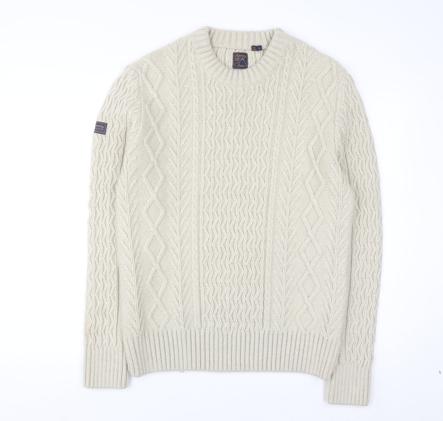 Superdry Men's Beige Cable Knit Wool Jumper L Pullover