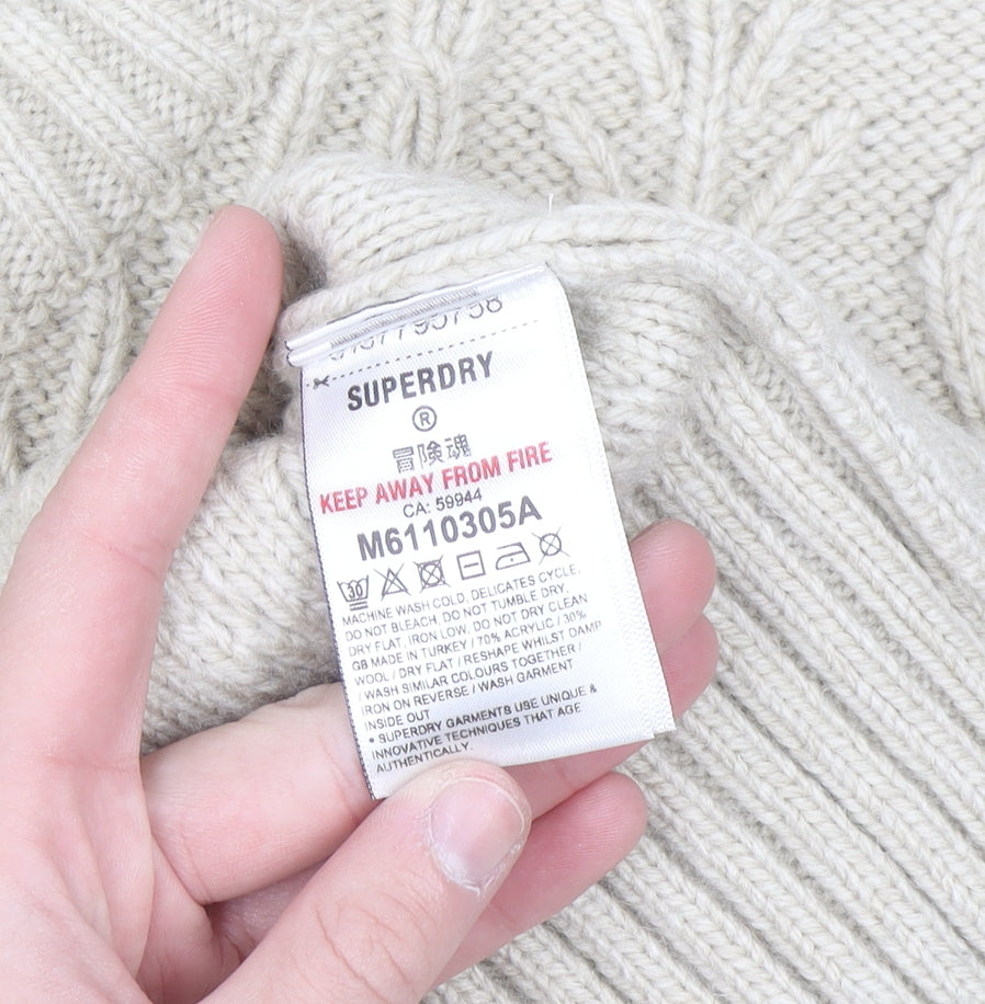 Superdry Men's Beige Cable Knit Wool Jumper L Pullover