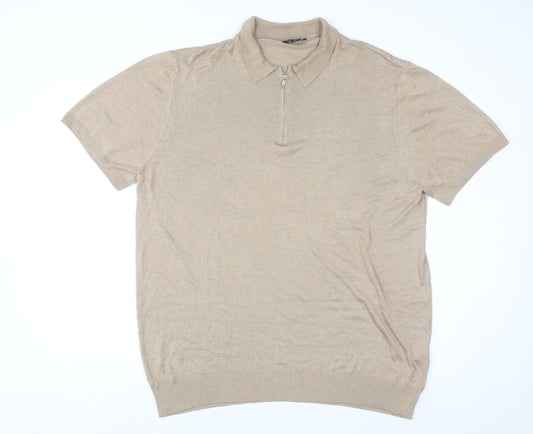 boohooMAN Men's Beige 3XL Collared 1/4 Zip Short Sleeve Jumper