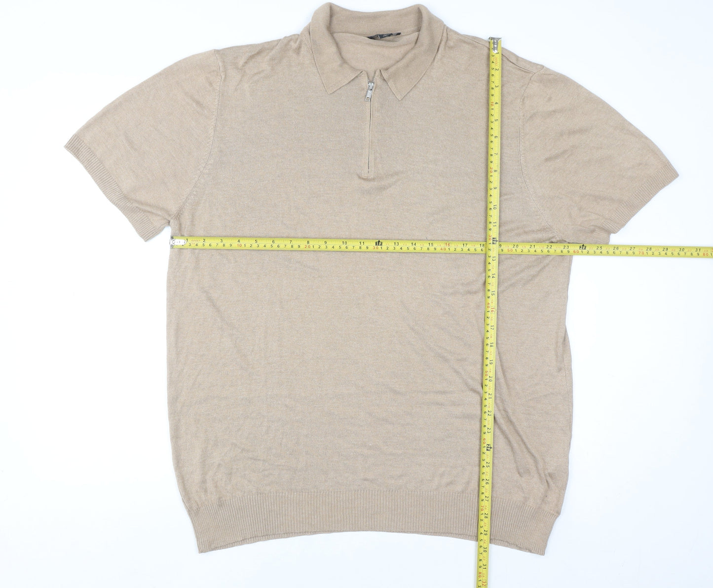 boohooMAN Men's Beige 3XL Collared 1/4 Zip Short Sleeve Jumper