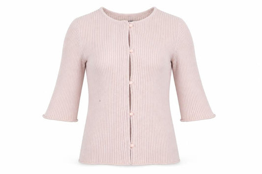 Front view of ASOS Women’s Pink Ribbed Knit 3/4 Sleeve Slim Cardigan, size UK 8