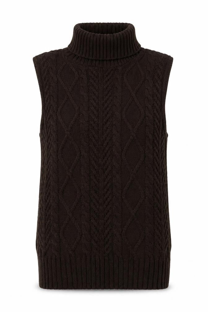 PRETTYLITTLETHING Womens Brown Roll Neck Cable-Knit Sleeveless Jumper Vest M