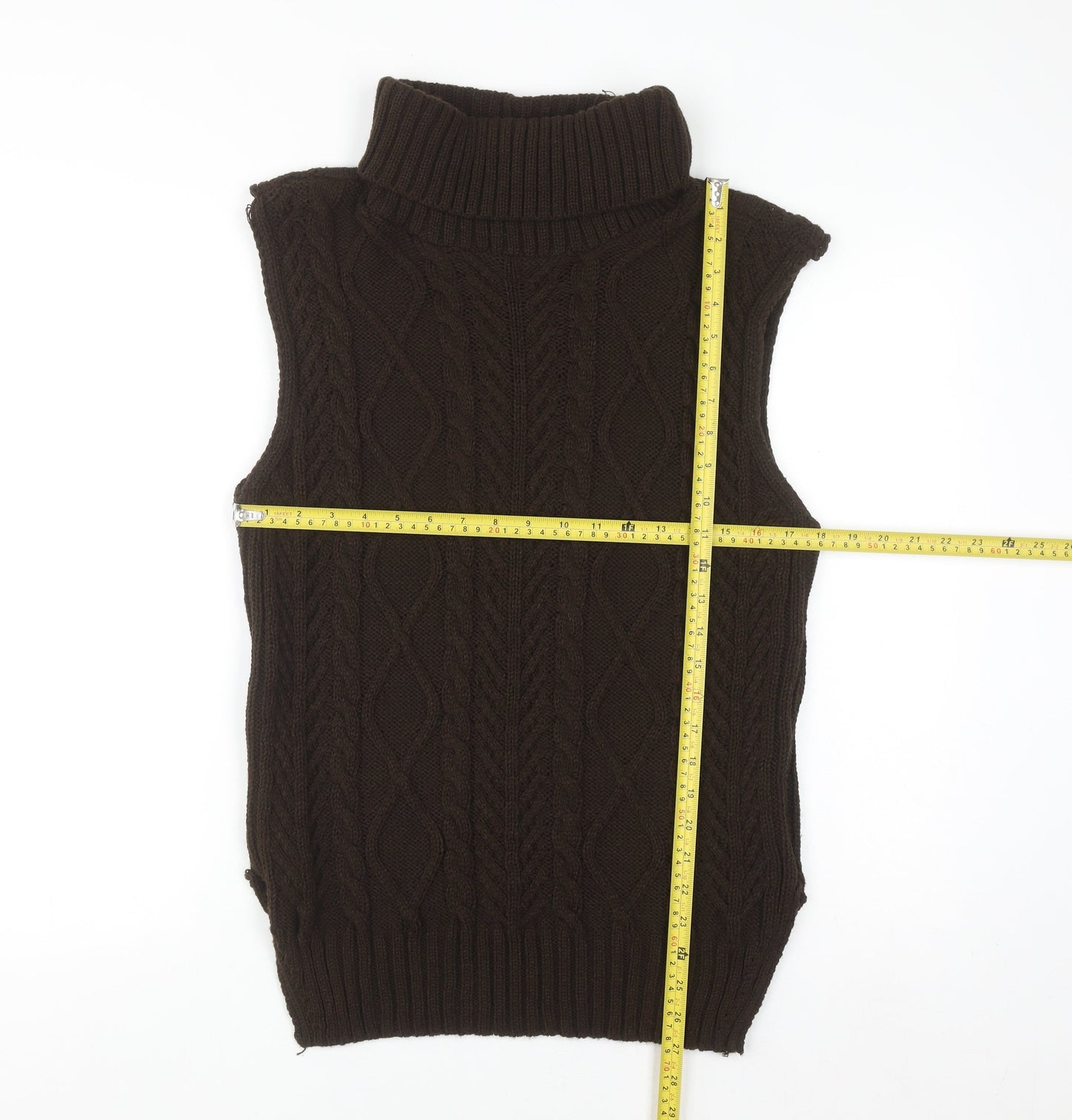 PrettyLittleThing Womens Brown Roll Neck Cable-Knit Sleeveless Jumper Vest M