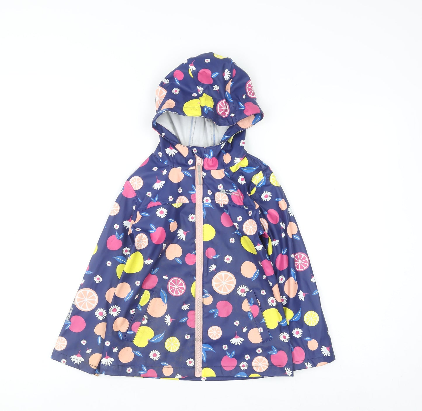 Mountain Warehouse Girls Blue Fruit Print Waterproof Hooded Rain Coat 5-6 Years