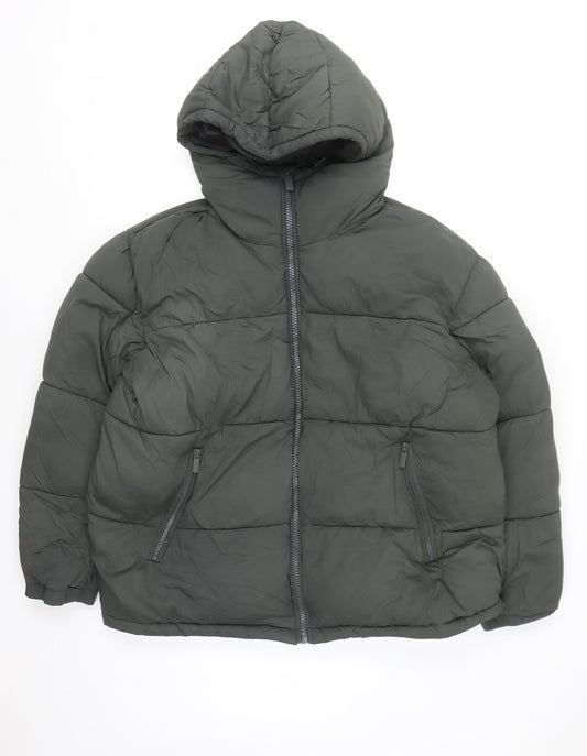 ZARA Mens Green Hooded Puffer Jacket Size M Regular Fit