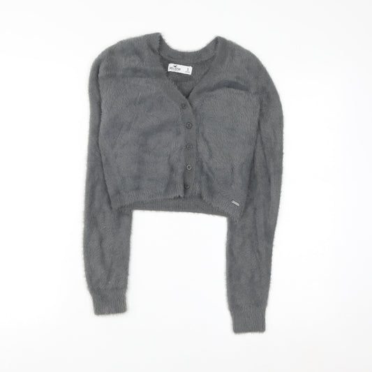 Hollister Women's Grey Fluffy Knit V-Neck Cardigan Size S