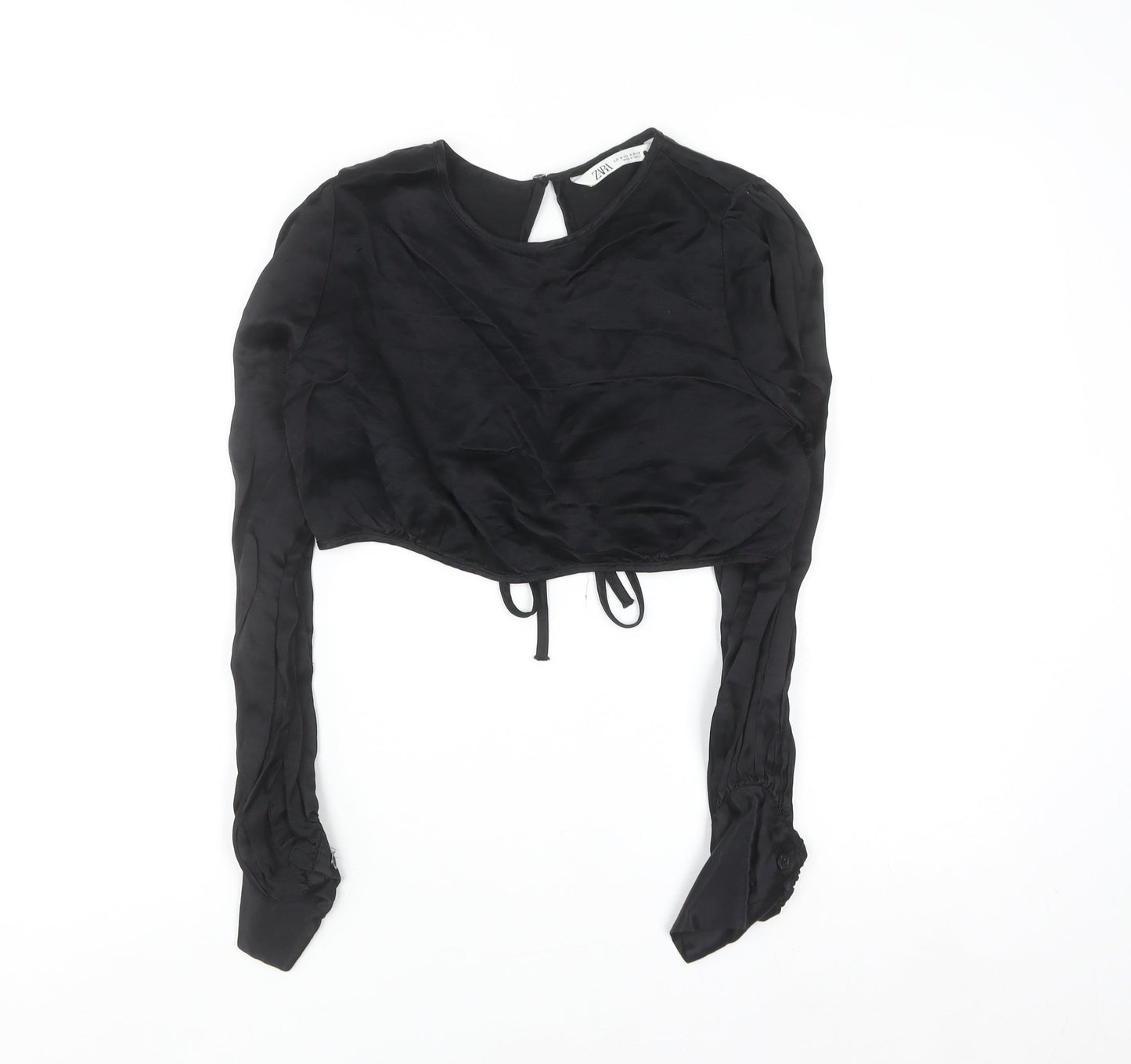 ZARA Women Black Cropped Long Sleeve Satin Blouse M