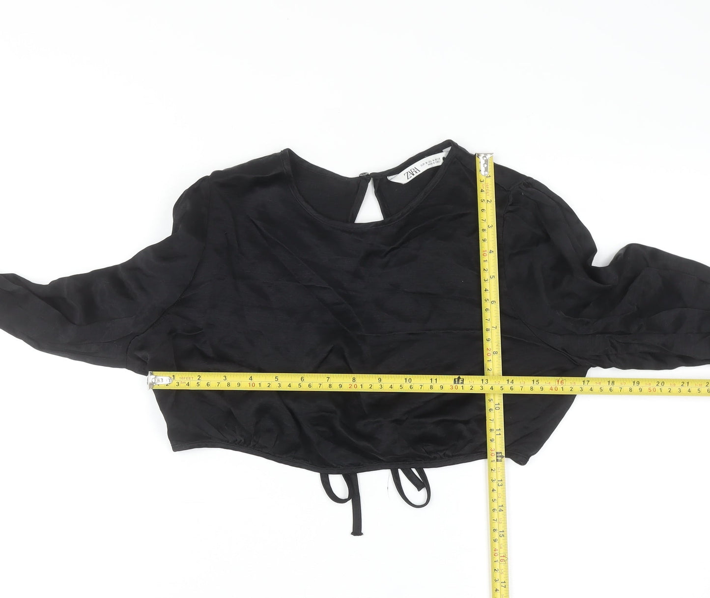 ZARA Women Black Cropped Long Sleeve Satin Blouse M