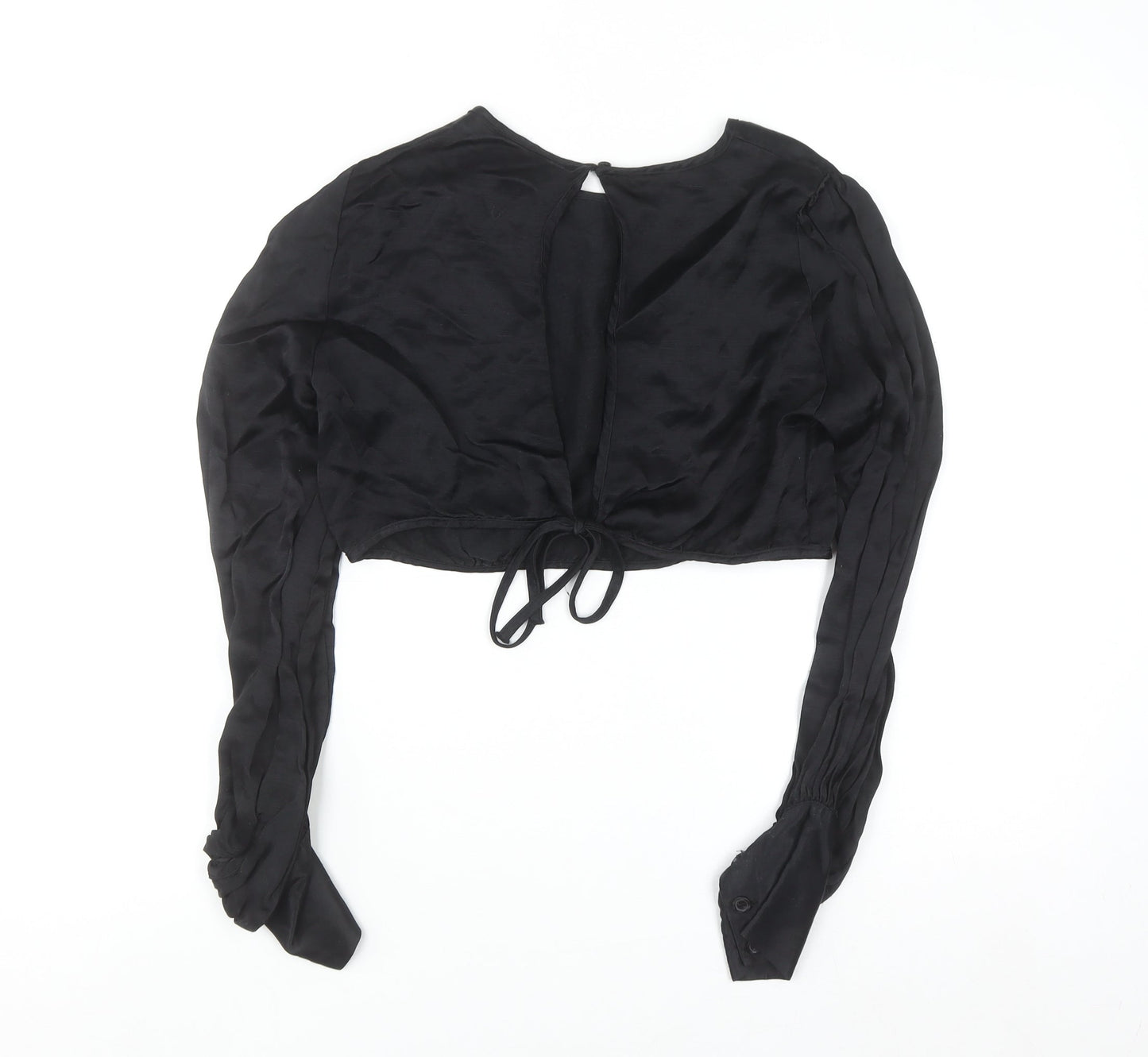 ZARA Women Black Cropped Long Sleeve Satin Blouse M