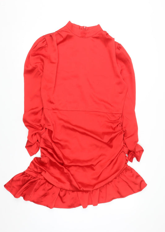 EillyBazar Women Red Short Bodycon Dress L Long Sleeve High Neck