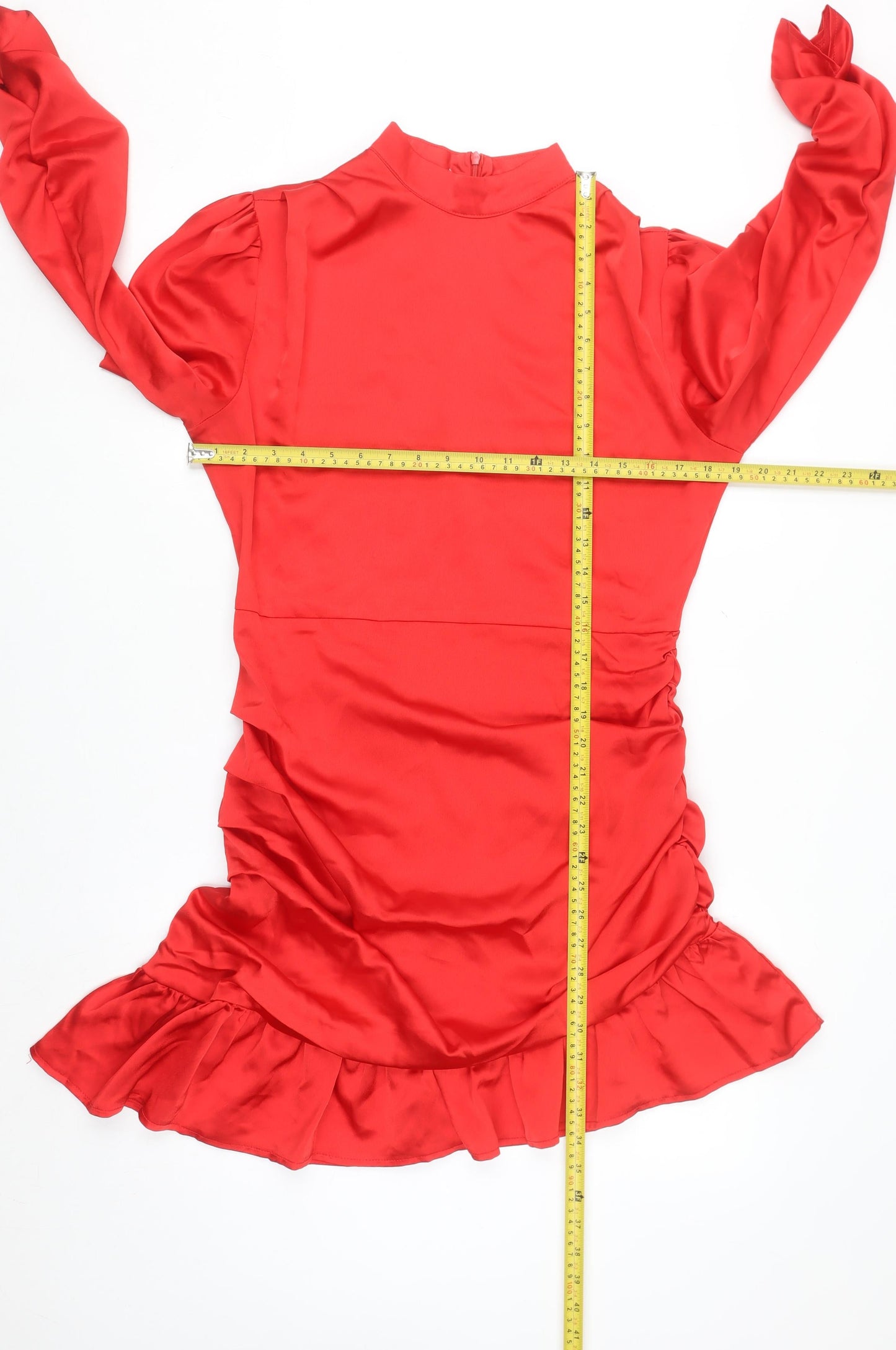 EillyBazar Women Red Short Bodycon Dress L Long Sleeve High Neck