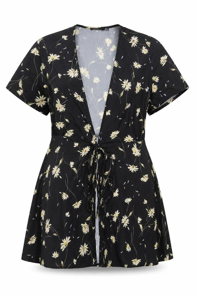 Boohoo Women’s Black Floral Wrap Tie Blouse Top Size 6 Short Sleeve