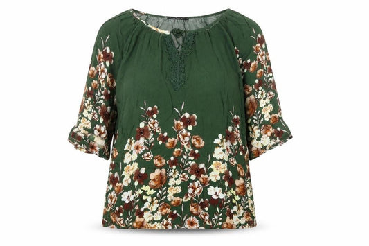 Luotaier Fashion Womens Green Floral 3/4 Sleeve Tunic Blouse Size 16