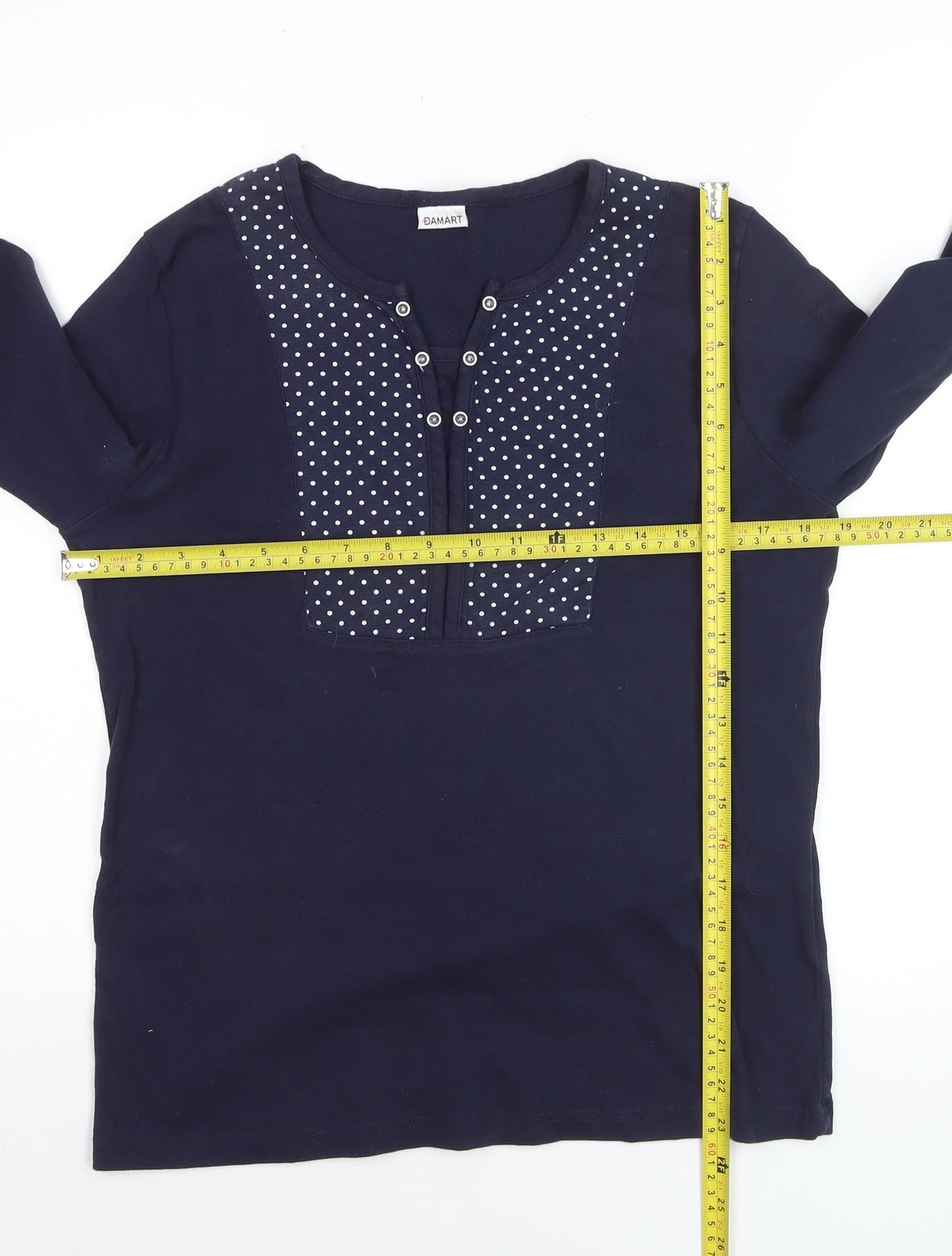 Damart Womens Blue 3/4 Sleeve Henley Polka Dot Cotton T-Shirt Size 14/16