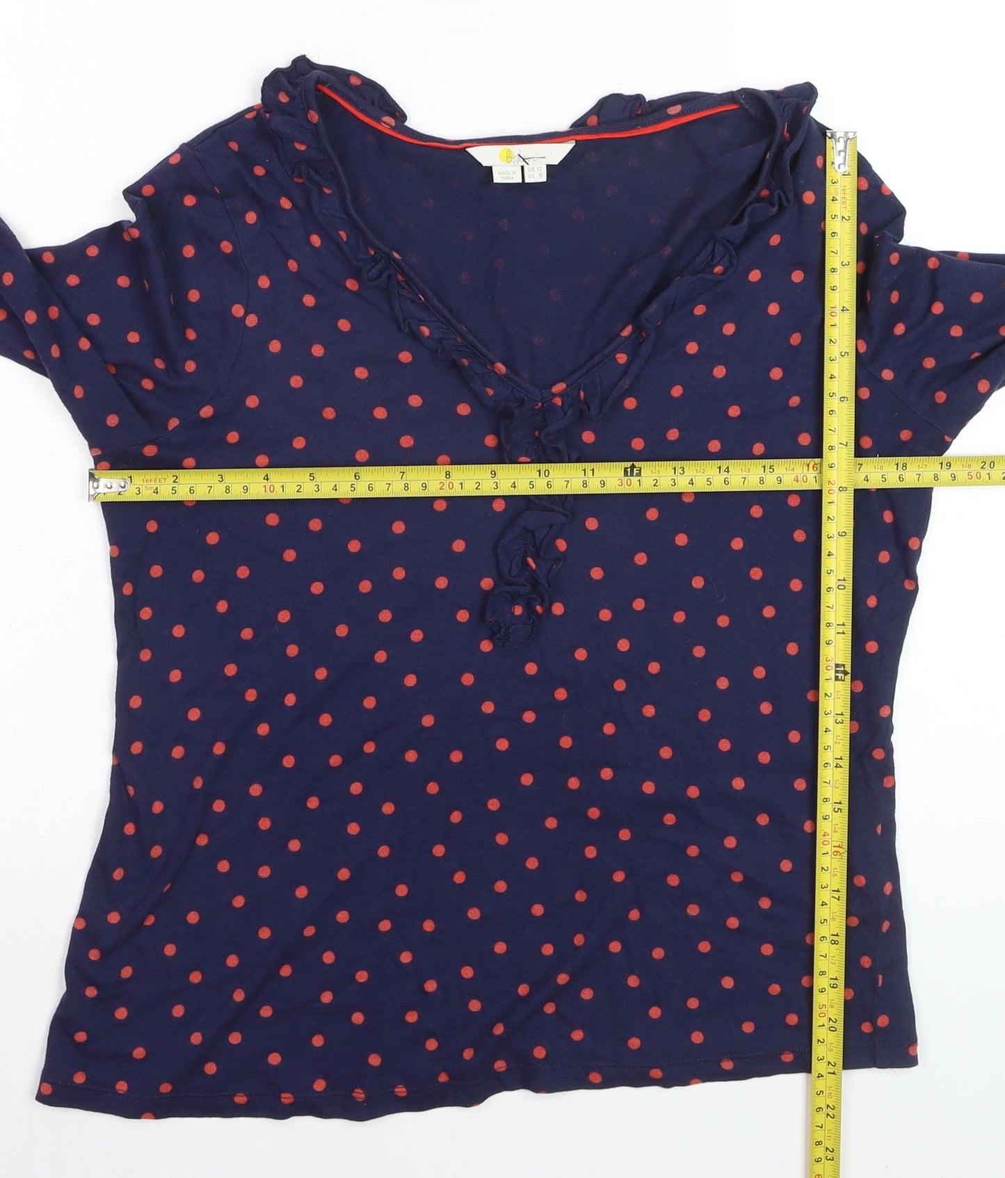 Boden Women Blue Polka Dot Ruffle V-Neck Long Sleeve Tunic Top Size 12