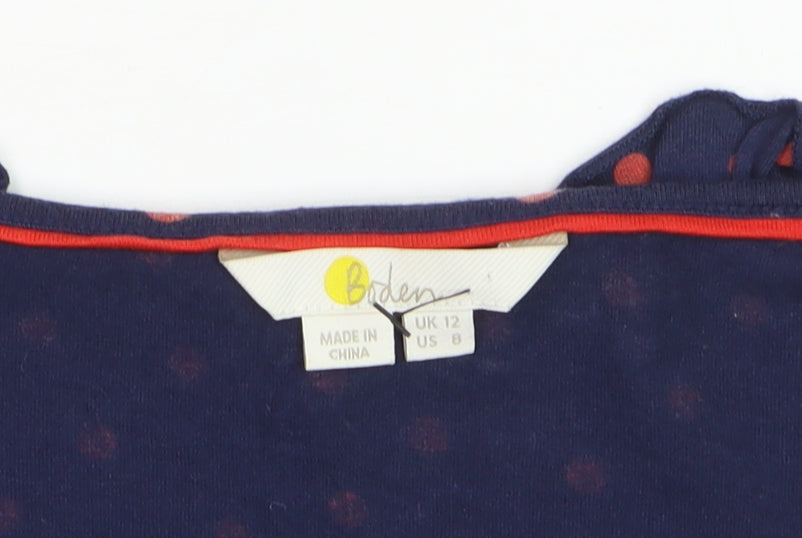 Boden Women Blue Polka Dot Ruffle V-Neck Long Sleeve Tunic Top Size 12