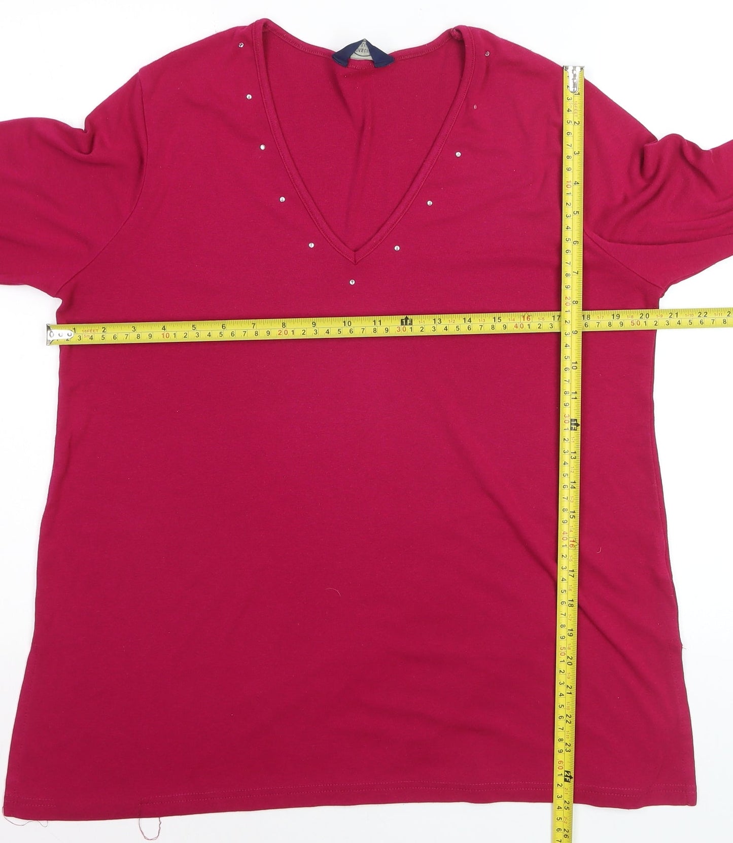 Debenhams Women's Red V-Neck Beaded 3/4 Sleeve Stretch Top Size 16