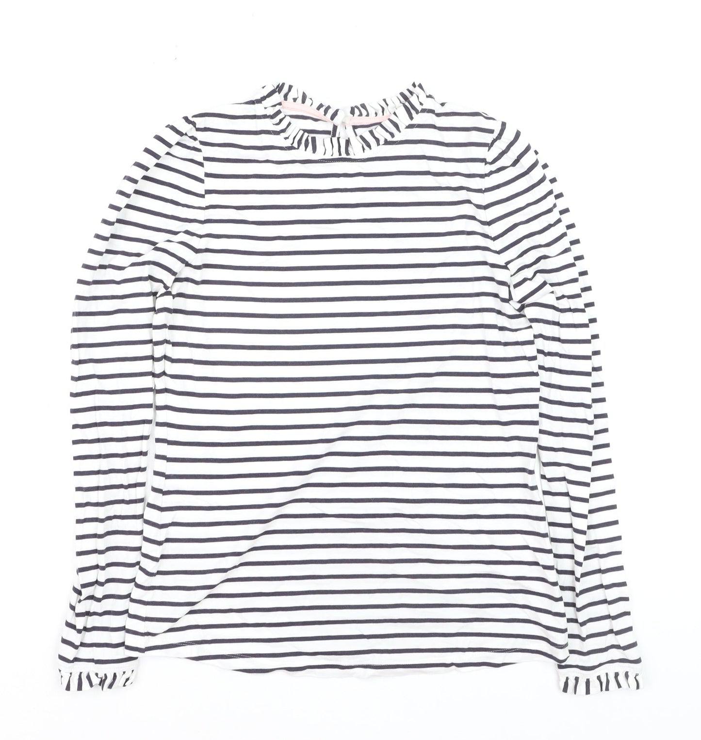 Boden Women’s White Striped Long Sleeve Cotton Ruffle Neck T-Shirt UK 8