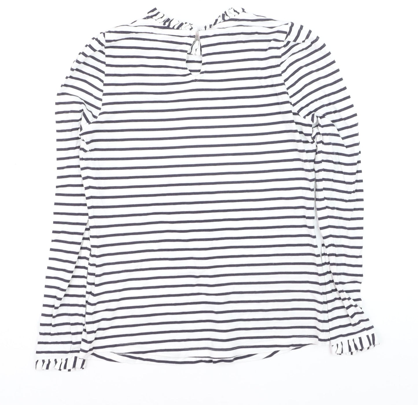 Boden Women’s White Striped Long Sleeve Cotton Ruffle Neck T-Shirt UK 8