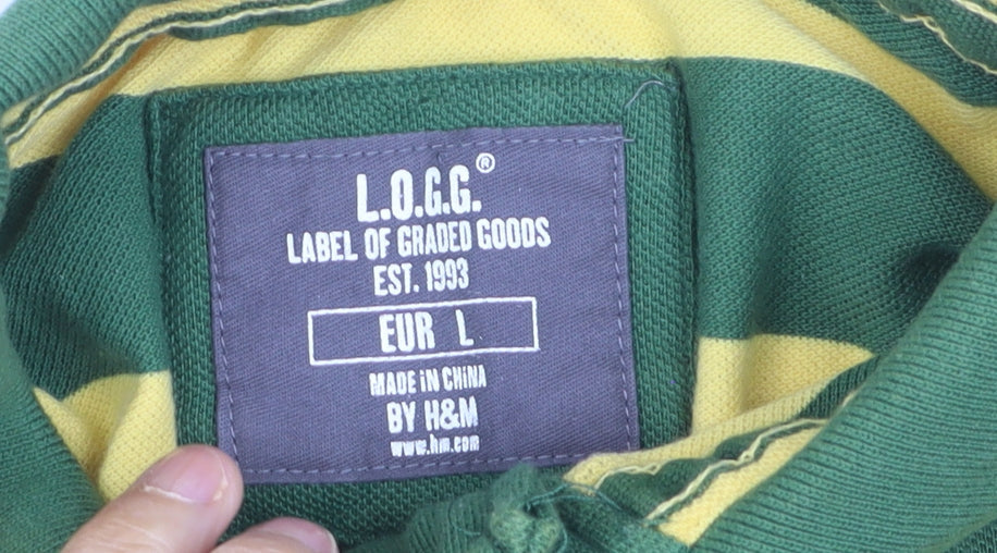 H&M LOGG Men's Green Yellow Striped Cotton Polo Shirt L