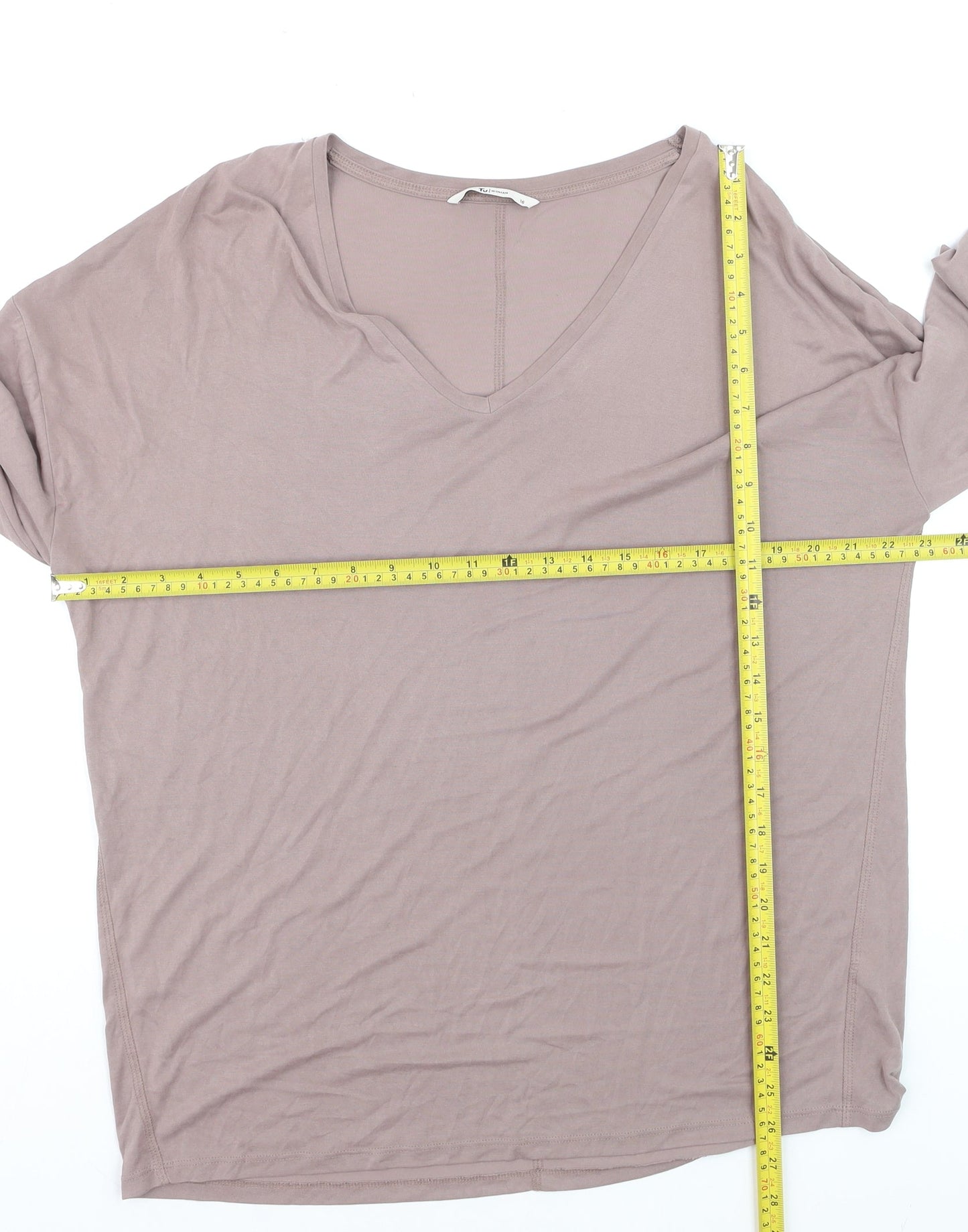Tu Women Brown V-Neck Long Sleeve Jersey T-Shirt Size 16