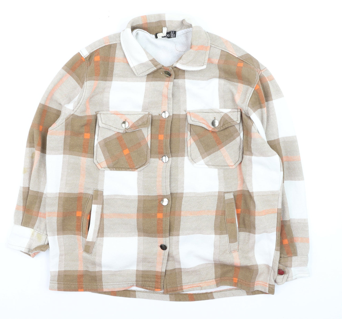 Boohoo Women's Beige Plaid Flannel Button-Up Shirt Size S
