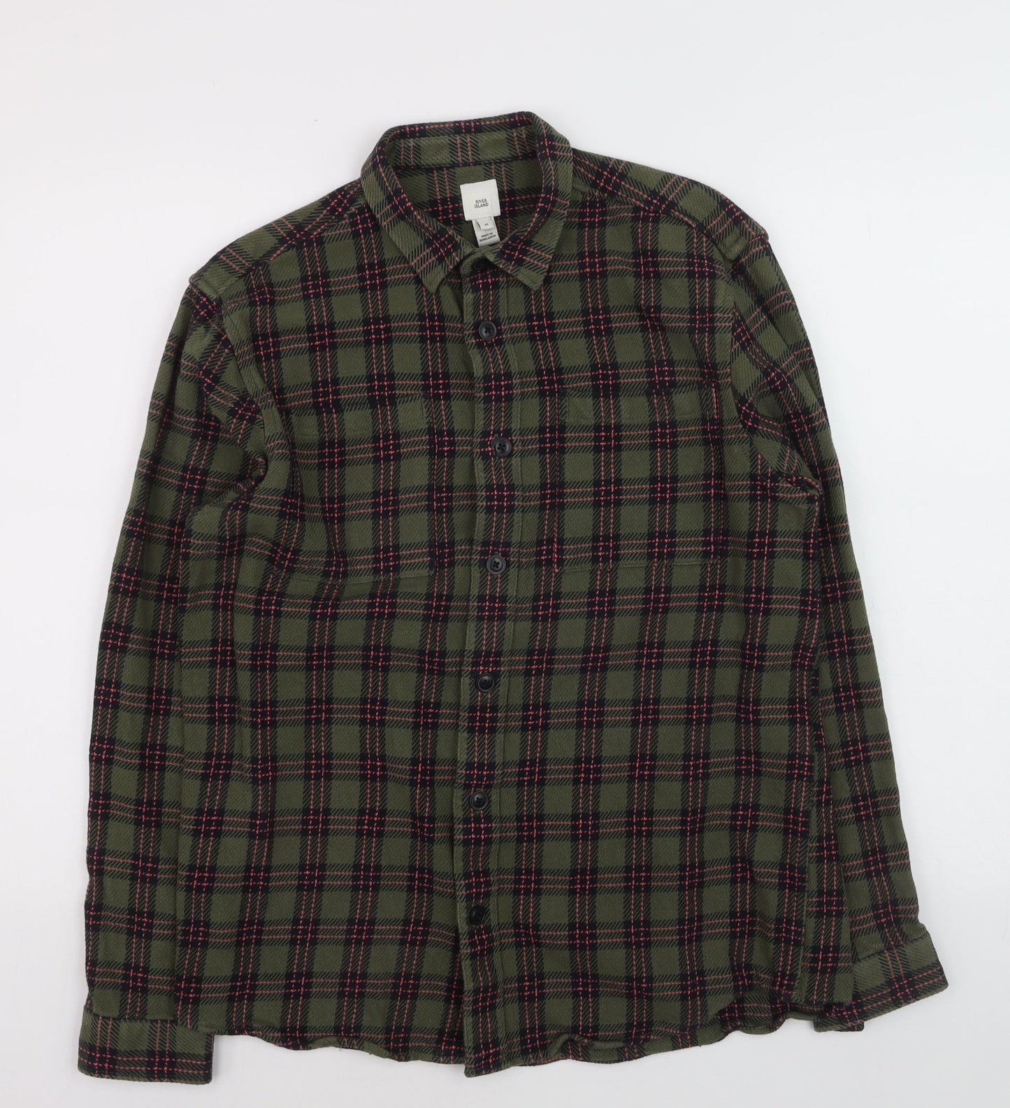 River Island Mens Green Checked Flannel Button-Up Shirt M