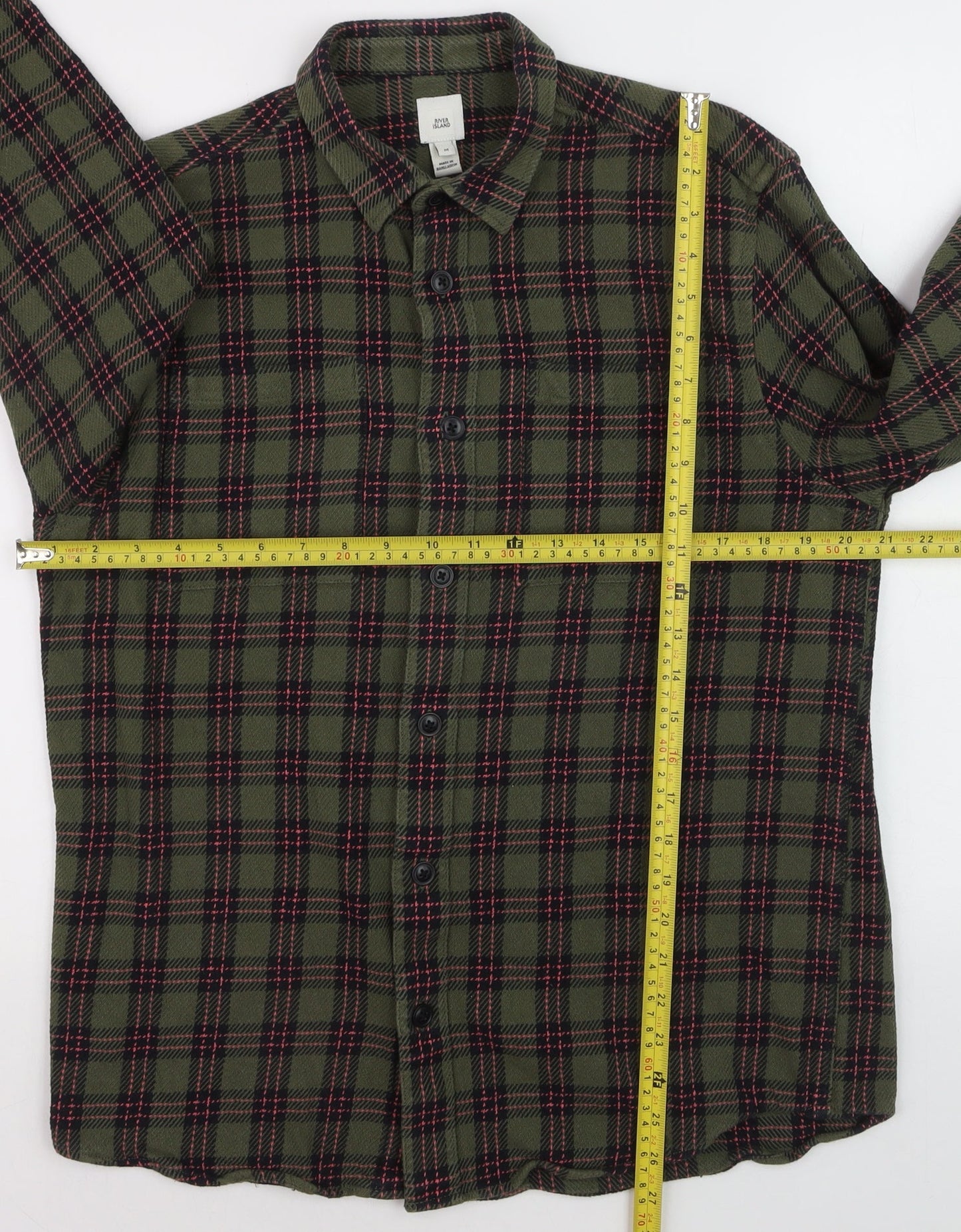 River Island Mens Green Checked Flannel Button-Up Shirt M