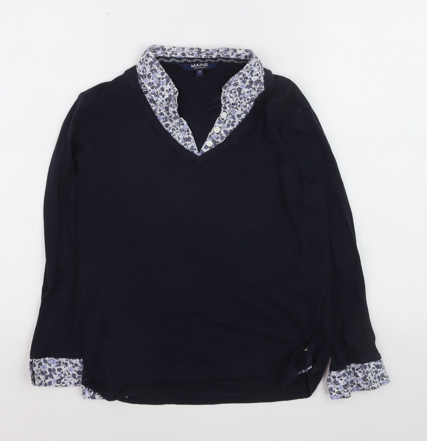 Maine New England Women's Blue Floral V-Neck Cotton Jumper Size 10