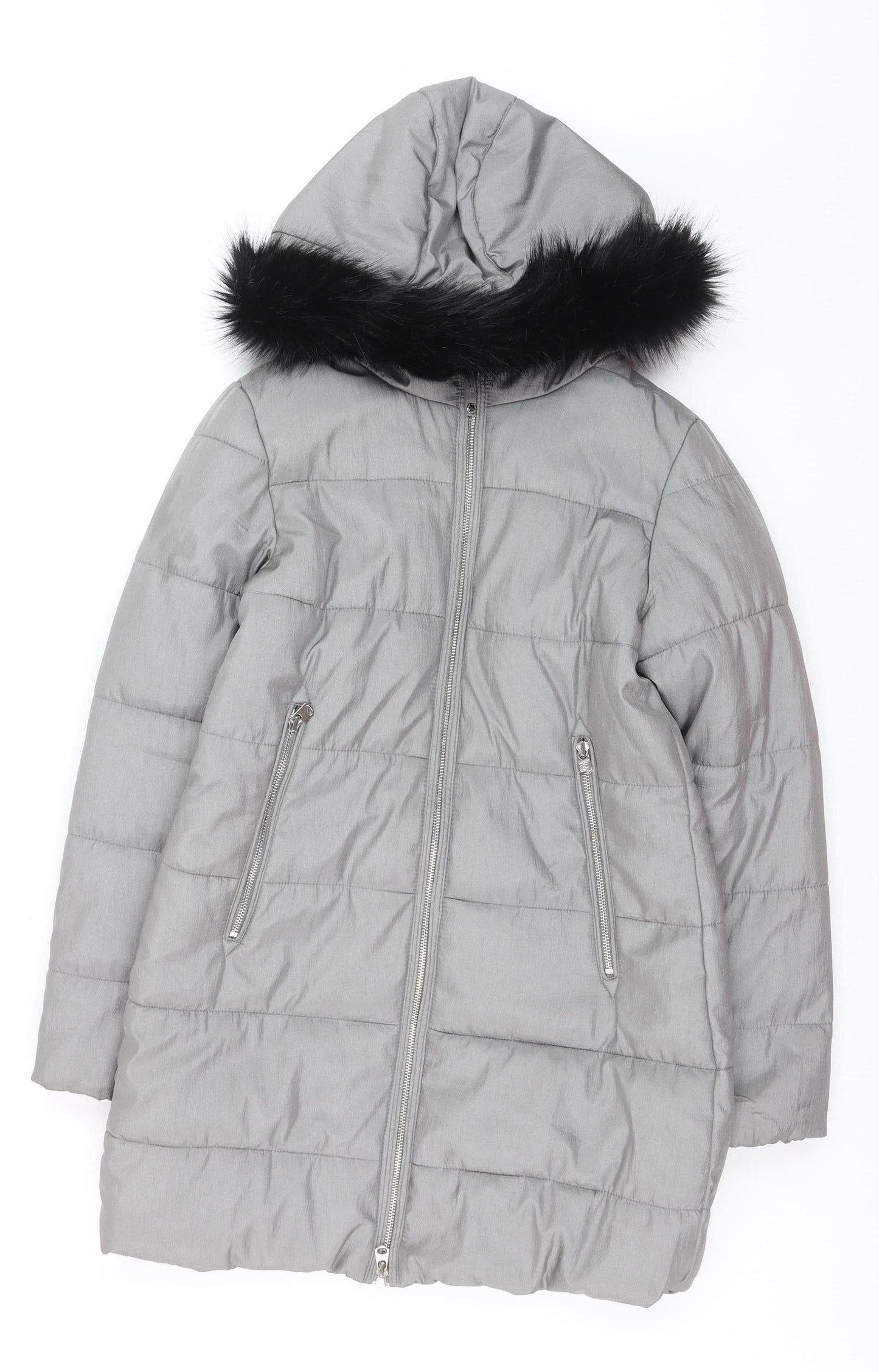 Marks and Spencer Women's Grey Faux Fur Trim Hooded Long Puffer Coat Size 10