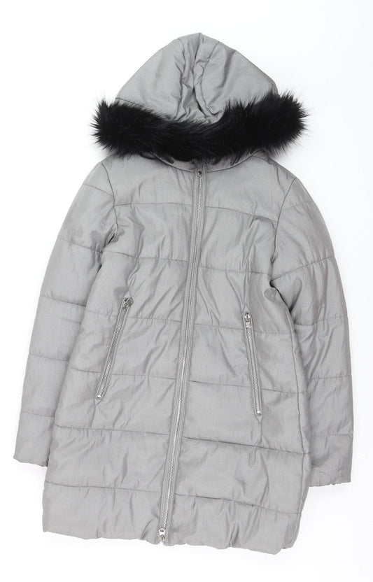Marks and Spencer Women's Grey Faux Fur Trim Hooded Long Puffer Coat Size 10