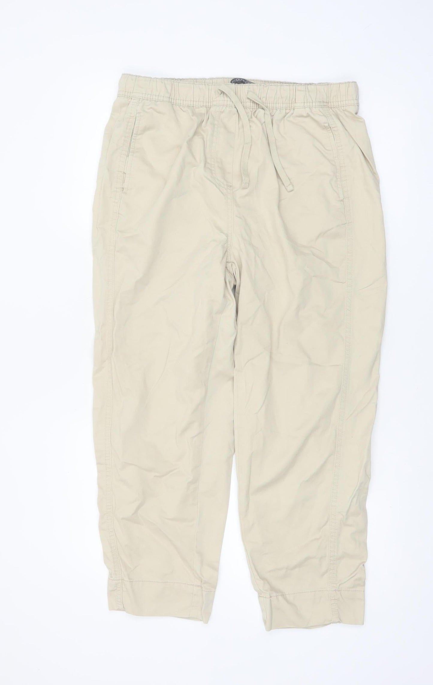 Dunnes Women Beige Cropped Cotton Trousers Size 12 Elastic Waist