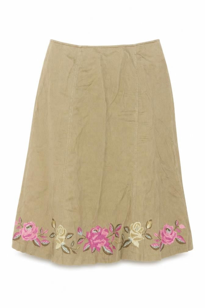 Planet Women's Beige Floral Embroidered Linen Midi A-Line Skirt Size 10